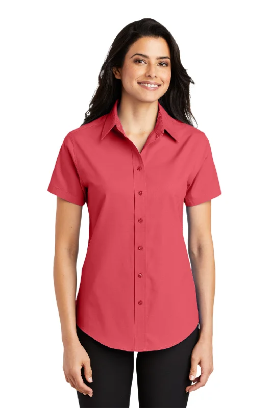 Port Authority Womens Easy Care Wrinkle Resistant Short Sleeve Button Down Shirt - Hibiscus Pink Casual Plain Short Shirt