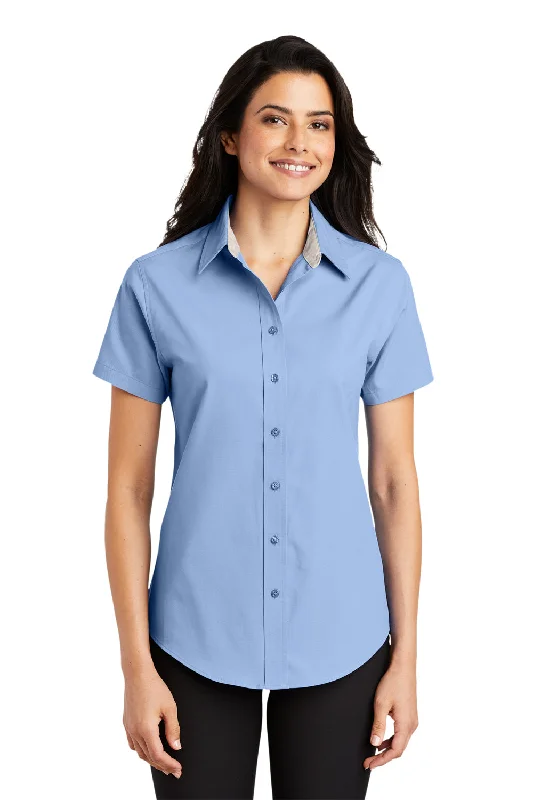 Port Authority Womens Easy Care Wrinkle Resistant Short Sleeve Button Down Shirt - Light Blue Fashionable Pleated Short Shirt