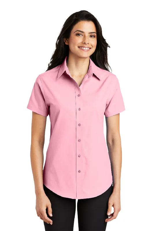 Port Authority Womens Easy Care Wrinkle Resistant Short Sleeve Button Down Shirt - Light Pink Classic Button-Up Short Tee