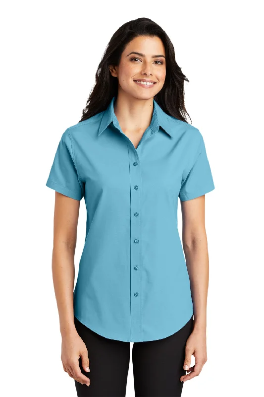 Port Authority Womens Easy Care Wrinkle Resistant Short Sleeve Button Down Shirt - Maui Blue Stylish Pleated Short Sleeve