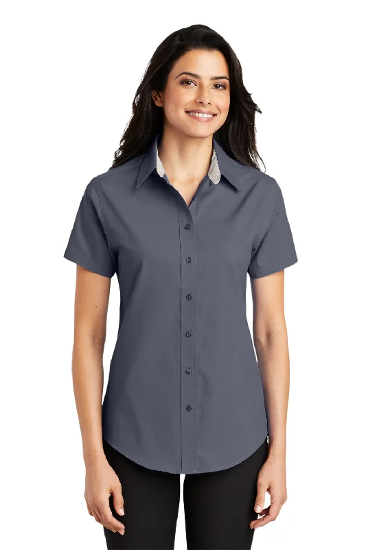 Port Authority Womens Easy Care Wrinkle Resistant Short Sleeve Button Down Shirt - Steel Grey Cozy Printed Short Shirt