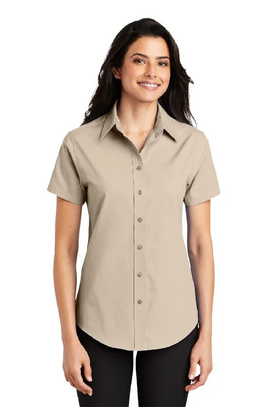 Port Authority Womens Easy Care Wrinkle Resistant Short Sleeve Button Down Shirt - Stone Brown Stylish Crew Neck Shirt