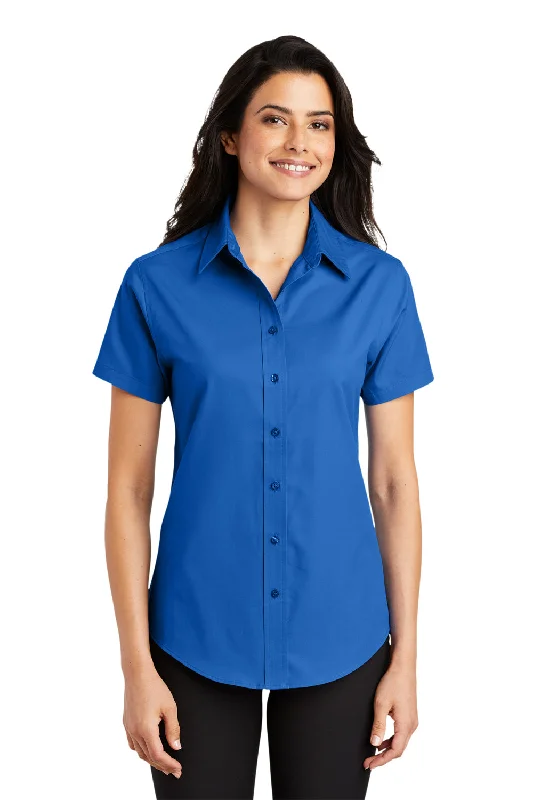 Port Authority Womens Easy Care Wrinkle Resistant Short Sleeve Button Down Shirt - Strong Blue Cozy Loose Fit Short Sleeve