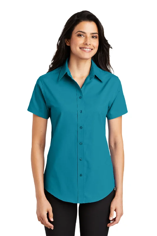 Port Authority Womens Easy Care Wrinkle Resistant Short Sleeve Button Down Shirt - Teal Green Soft Cotton Short Shirt