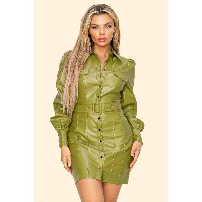 Pu Leather Long Sleeve Mini Dress Stylish Ribbed Mini Dress