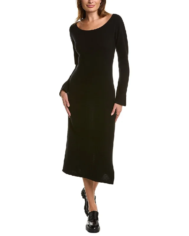 Qi Cashmere Boat Neck Cashmere Midi Dress Fashionable Sheer Sleeve Midi Dress