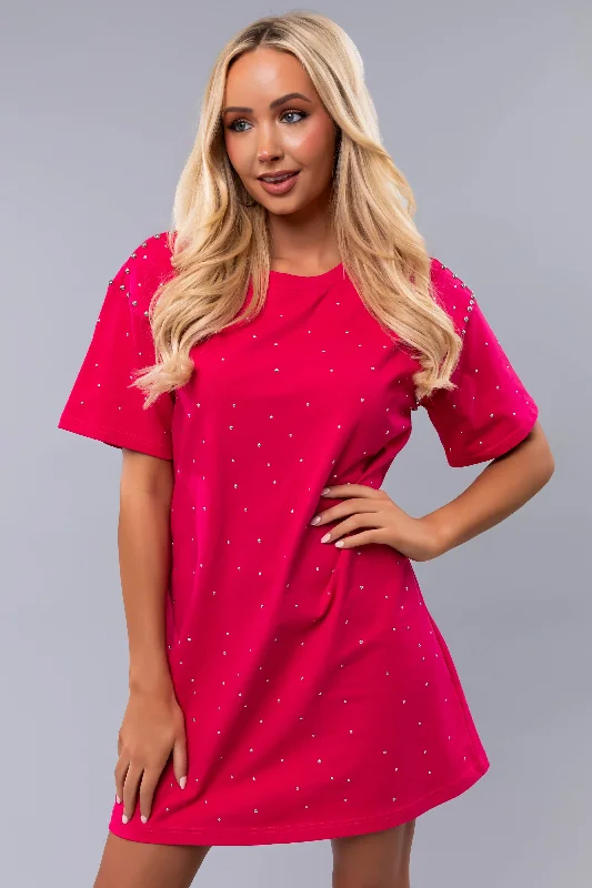 Raspberry Studded Short Sleeve Mini Dress Elegant Lace-Up Mini Dress