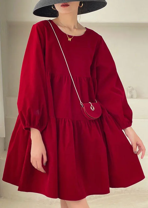 Red Patchwork Velour Mini Dress Puff Sleeve Spring Comfortable Smocked Mini Dress