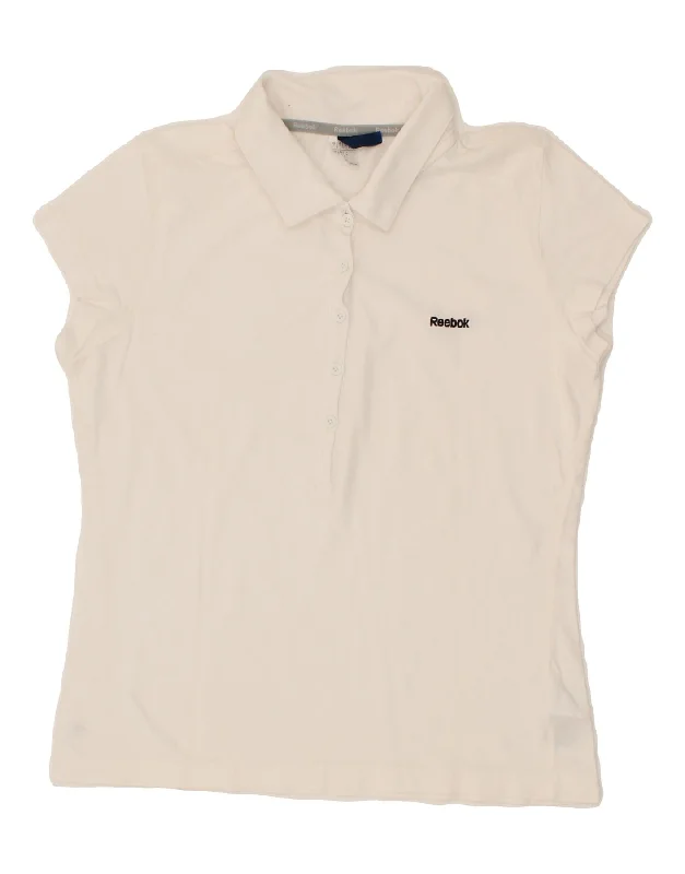 REEBOK Womens Polo Shirt UK 12 Medium White Cotton Elegant Draped Short Sleeve