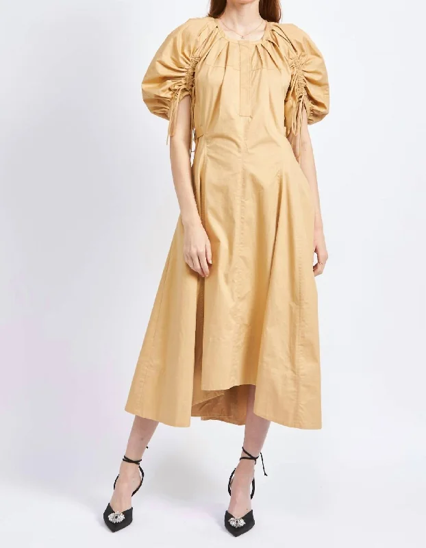 Rowan Cotton Poplin Midi Dress In Beige Trendy Off-Shoulder Button Midi Dress