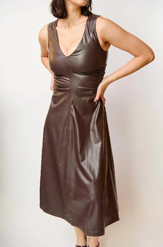 Sabal Faux Leather Midi Dress In Chocolate Stylish Midi Dress with Cuffs