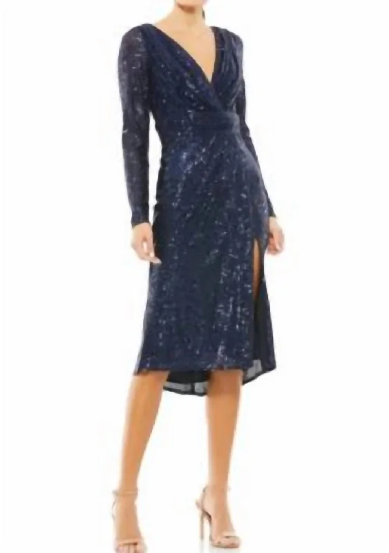 Sequin Long Sleeve Midi Dress In Midnight Stylish High-Waisted Midi Dress