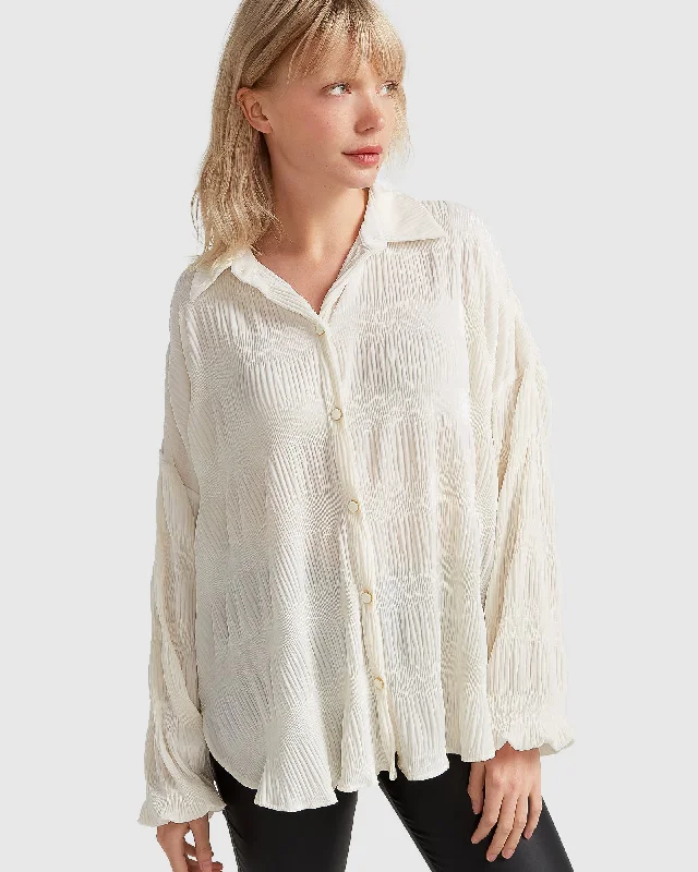 Serenade Velvet Plisse Shirt - Off-White Elegant Silk Short Shirt