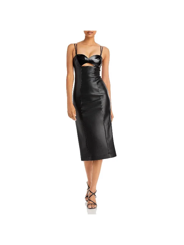 Sketching Womens Faux Leather Empire Midi Dress Elegant Maxi-Midi Hybrid Dress