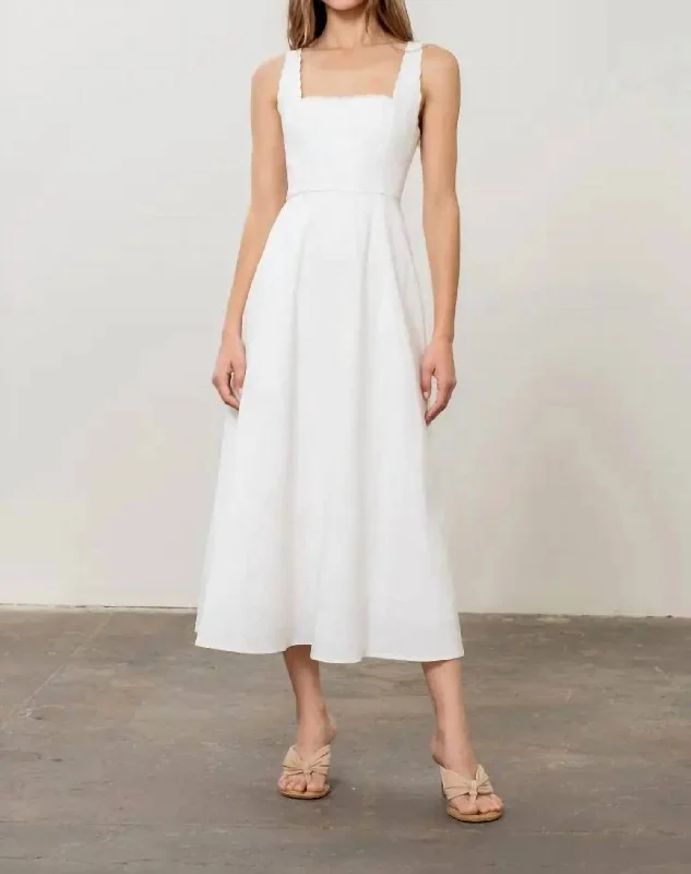 Sleeveless Scallop Shirred Midi Dress In White Stylish Button-Down Midi Dress