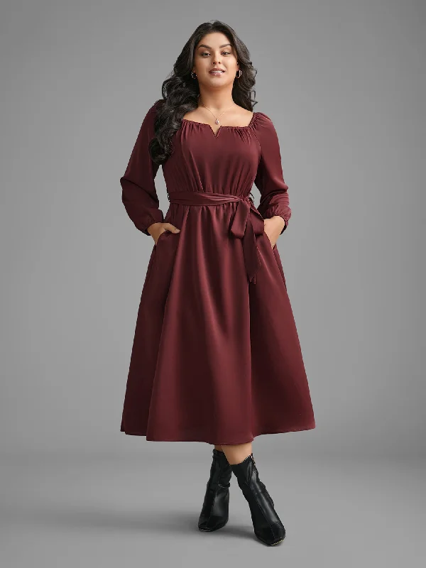 Square Neck Gathered Belted Midi Dress Elegant Sleeveless Midi Dress