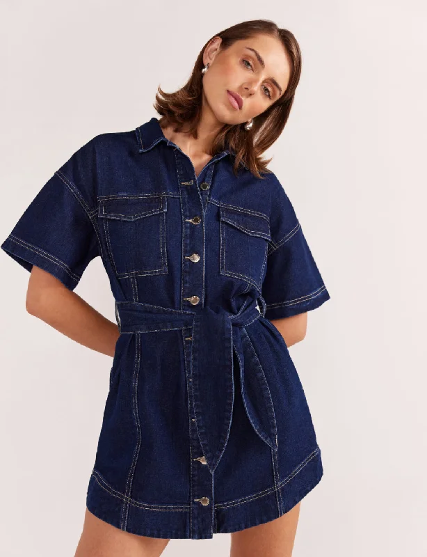 Staple the Label - Luca Denim Mini Dress Stylish Sweetheart Neck Mini Dress