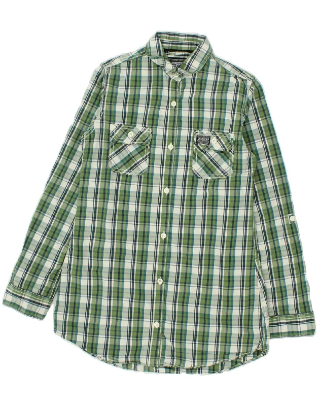 SUPERDRY Womens Shirt UK 14 Medium Green Check Cotton Elegant Silk Short Shirt