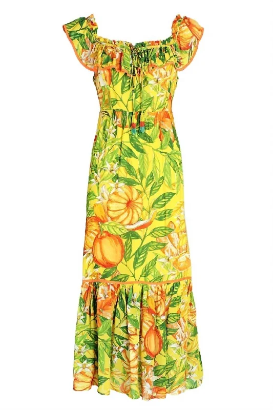 Tangerines Yellow Midi Dress In Yellow Multi Trendy Flared Sleeve Midi Dress