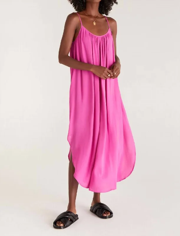 Tiana Crinkle Midi Dress In Rose Violet Elegant Satin Button Midi Dress