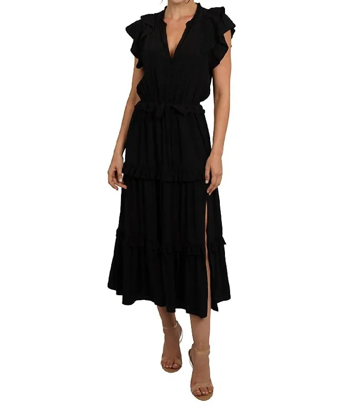 Tiered Midi Dress In Black Stylish Cold Shoulder Midi Dress