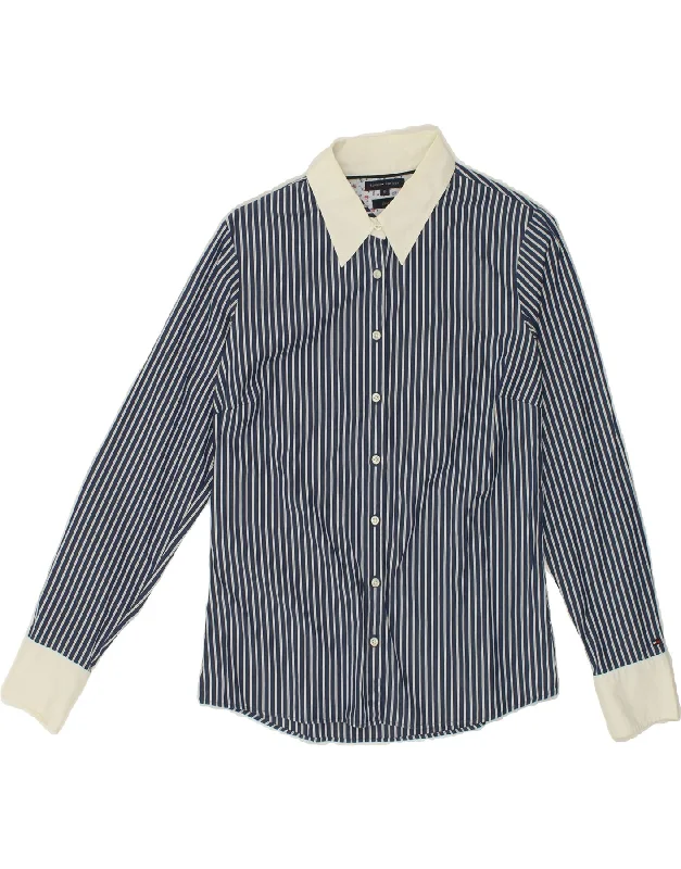 TOMMY HILFIGER Womens Shirt UK 10 Small  Navy Blue Striped Cotton Comfortable Pocket Short Shirt