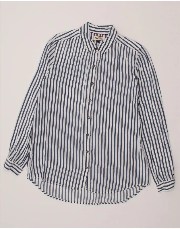 TOMMY HILFIGER Womens Shirt UK 10 Small Navy Blue Striped Viscose Stylish Printed Short Shirt