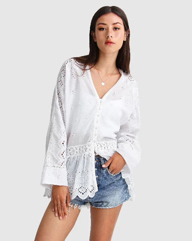 Unbutton Me Eyelet Button Down Shirt - White Chic V-Neck Short Blouse