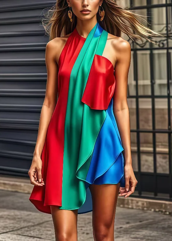 Unique Colorblock Cold Shoulder Patchwork Silk Mini Dresses Summer Classic Shift Mini Dress