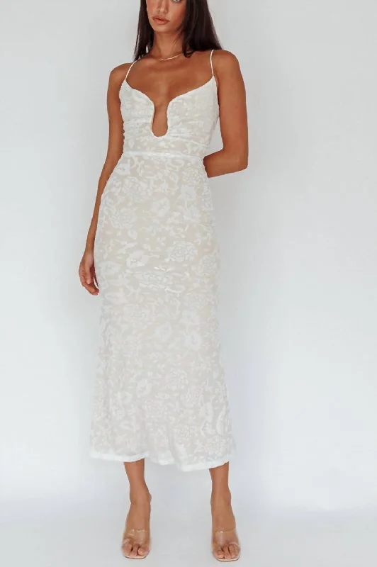 Victoria Floral Velvet Midi Dress In White Elegant Satin Slip Midi Dress