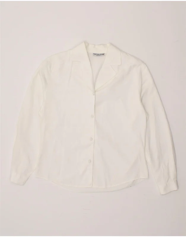 VINTAGE Womens Shirt Blouse UK 14 Medium White Cotton Trendy Turtleneck Short Shirt