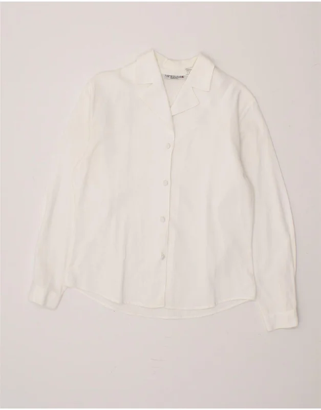 VINTAGE Womens Shirt Blouse UK 14 Medium White Cotton Stylish Pleated Short Sleeve