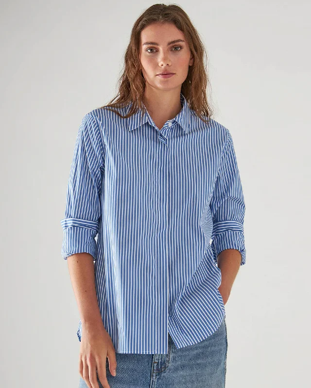 Cotton Stretch Striped Shirt Stylish Pleated Short Sleeve