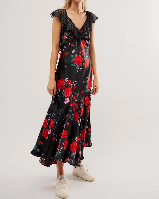 Warm Hearts Midi Dress In Black Combo Fashionable Floral Embroidery Midi Dress