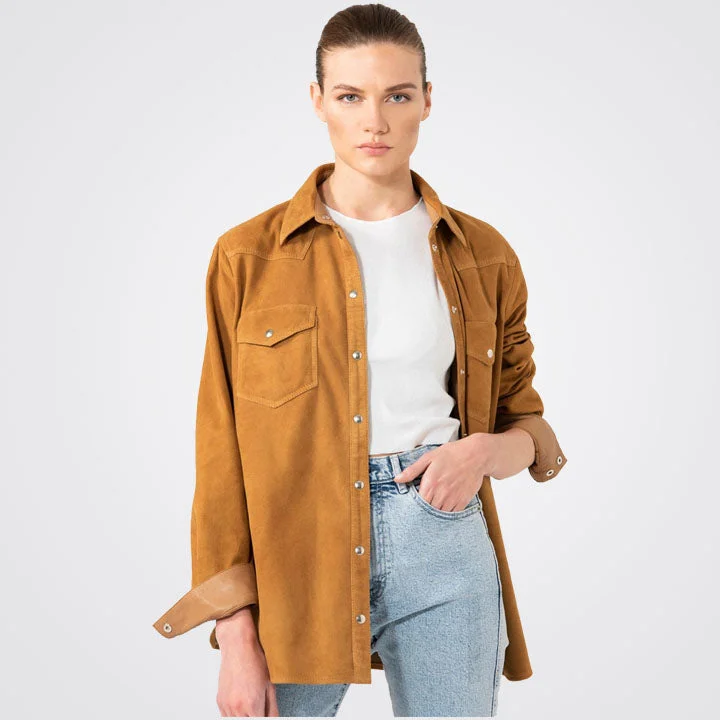 Women Camel Suede Leather Shirt Fashionable Plaid Short Sleeve