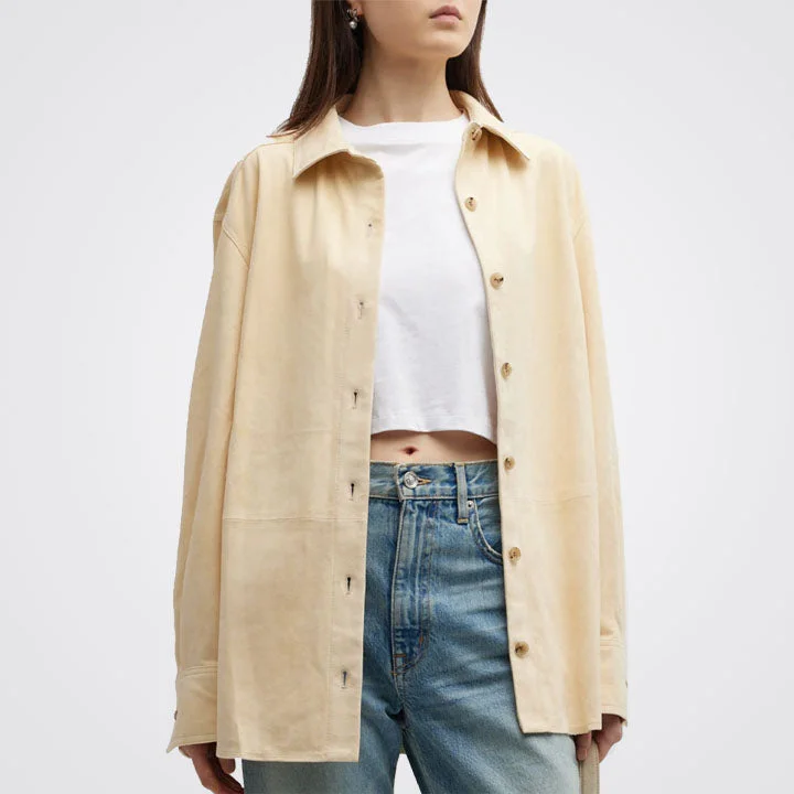 Women Crème Oversized Suede Leather Shirt Stylish Crew Neck Shirt