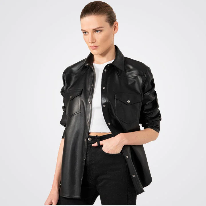 Women Full Sleeve Button Down Black Leather Shirt Relaxed Fit Short Shirt