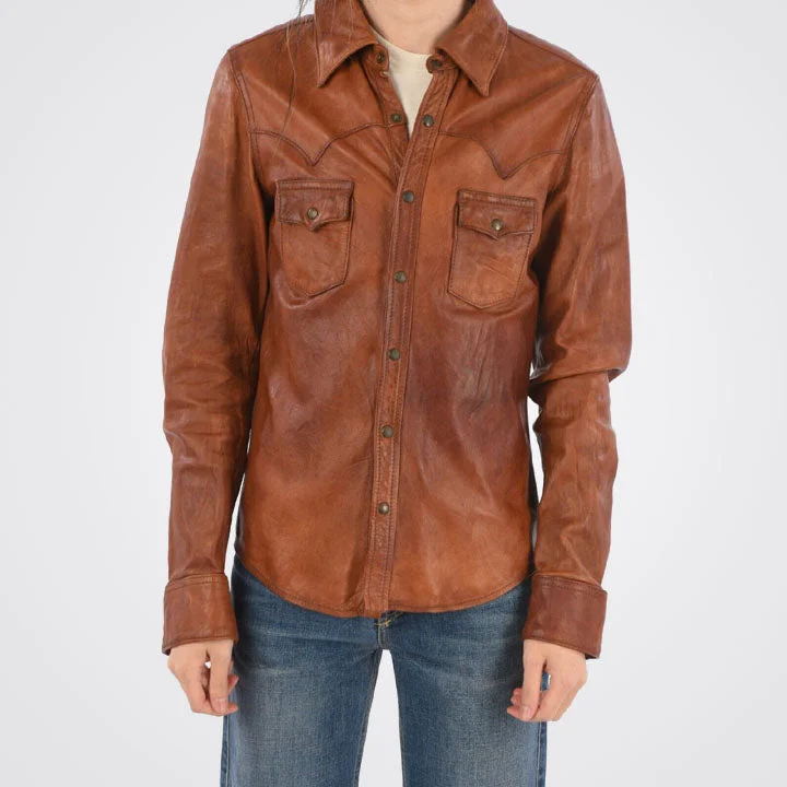 Women Waxed Brown Real Sheepskin Button Up Leather Shirt Classic Basic Short Shirt