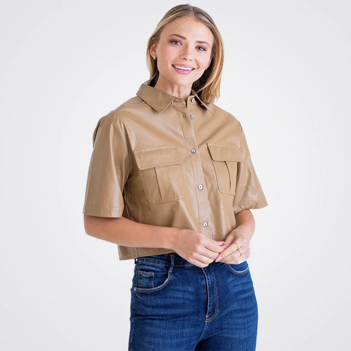 Women's Beige Lambskin Leather Mini Shirt Classic Short Sleeve Blouse