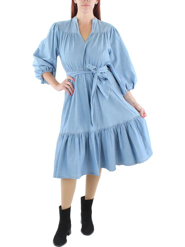 Womens Chambray Ruffled Midi Dress Trendy Ruffled Sleeve Midi Dress