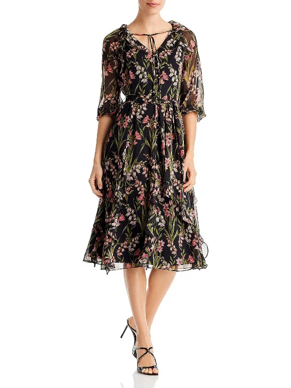 Womens Chiffon Calf Midi Dress Fashionable Floral Embroidery Midi Dress