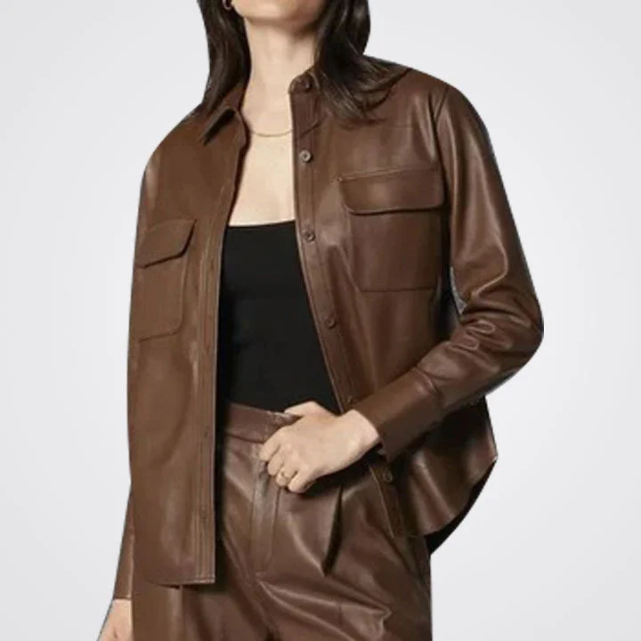 Women's Chocolate Brown Biker Style Leather Shirt Classic Cropped Short Sleeve