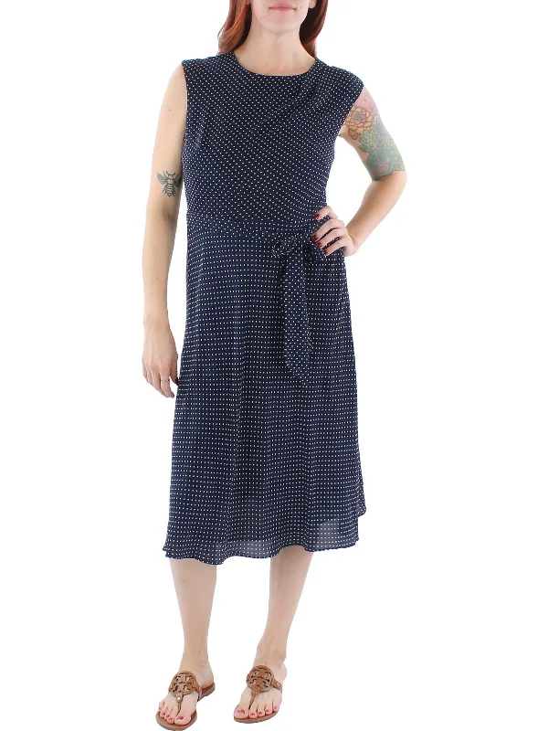 Womens Crepe Polka Dot Midi Dress Stylish High-Waisted Midi Dress