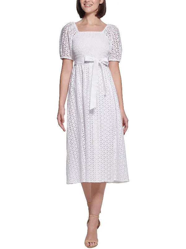 Womens Eyelet Calf Midi Dress Comfortable Casual Midi Dress