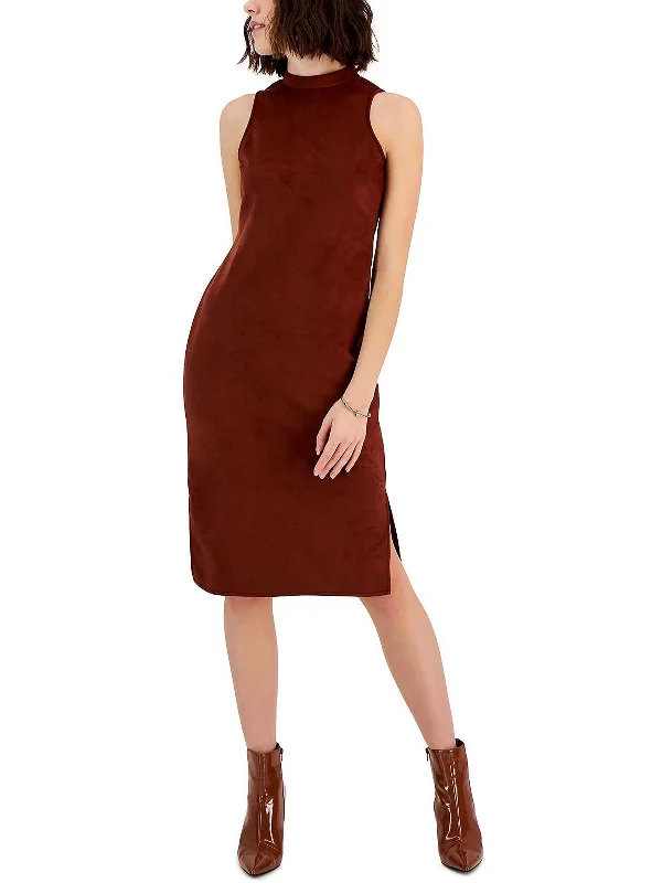 Womens Faux Suede Daytime Midi Dress Comfortable Deep V Midi Dress