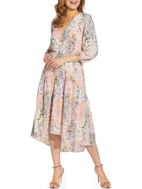 Womens Floral Calf Midi Dress Elegant Satin Midi Dress