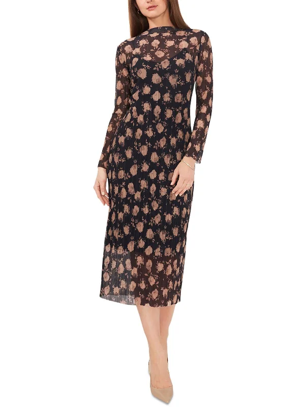 Womens Floral Print Mock Neck Midi Dress Trendy Long Sleeve Midi Dress