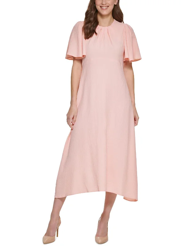 Womens Flutter Sleeve Calf Midi Dress Trendy Ruched Side Midi Dress