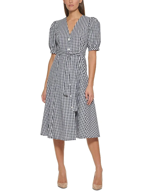 Womens Gingham Elbow Sleeves Midi Dress Stylish Animal Print Midi Dress