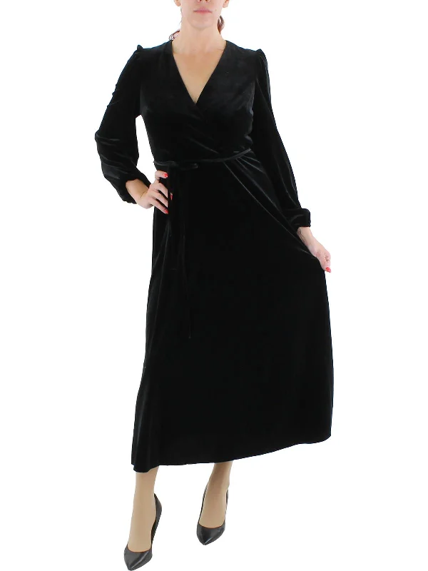 Womens Velvet Long Sleeves Midi Dress Stylish Pleated Skirt Midi Dress